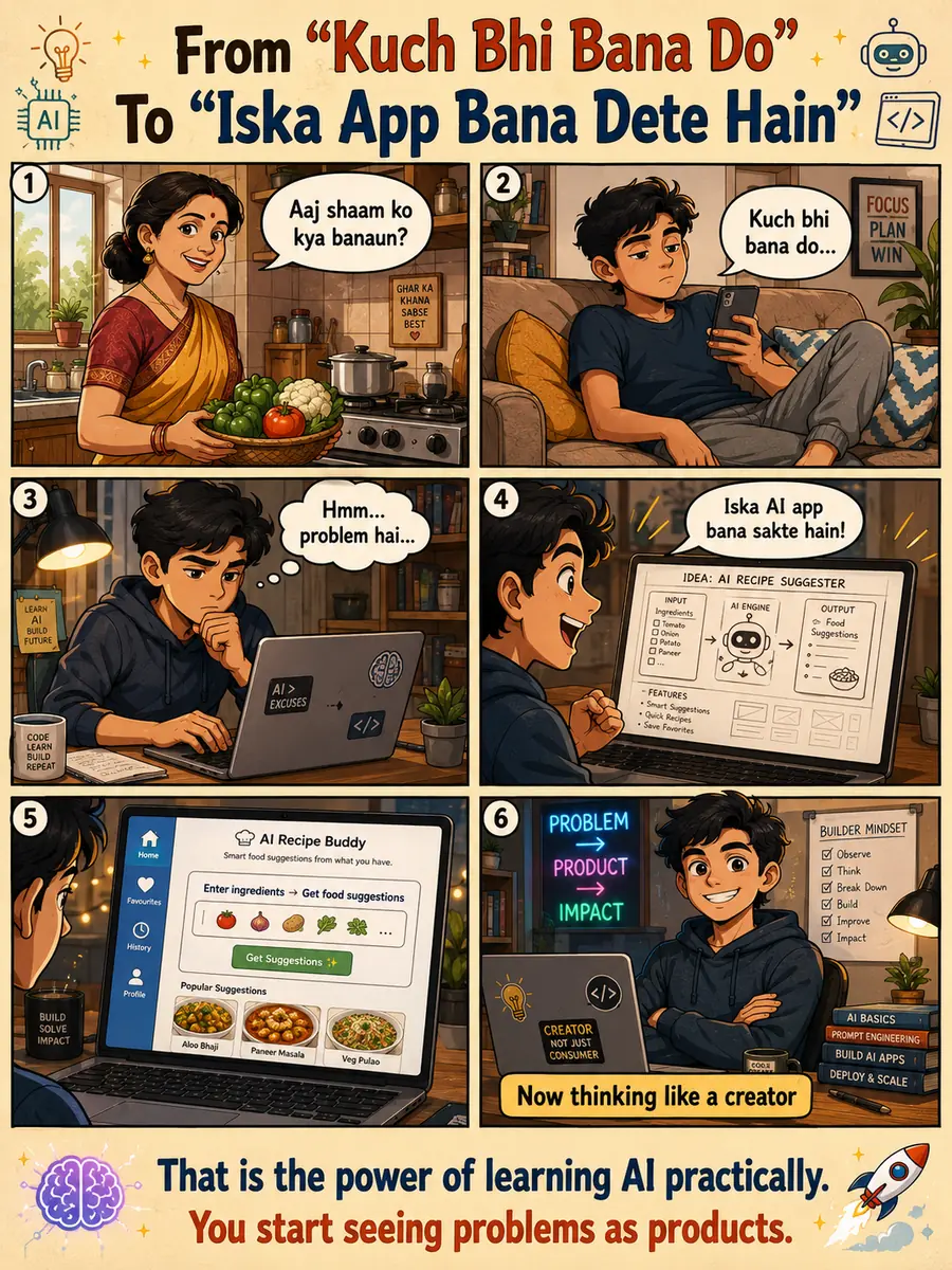 Comic poster about turning a daily food decision problem into an AI app idea